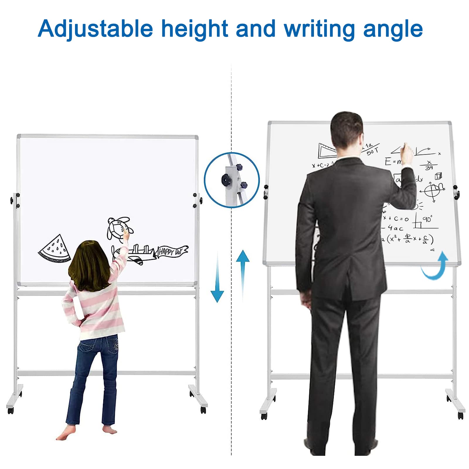 Dry Erase Board with Stand 48"x36", Rolling Magnetic Whiteboard with Stand, Height Adjustable Mobile Whiteboard Portable Whiteboard on Wheels with 1 Eraser, 2 Markers and 20 Magnets