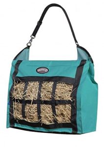 showman nylon slow feed hay tote bag heavy duty durable easy to fill and carry (teal)
