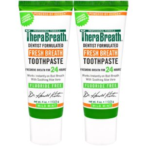 therabreath fresh breath dentist formulated fluoride free toothpaste, mild mint, 4 ounce (pack of 2), multi