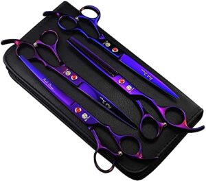 purple dragon professional 7.0 inch 4pcs pet grooming scissors kit japan premium steel straight & curved & thinning blade dog hair cutting shears set with case