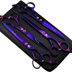 Purple Dragon Professional 7.0 inch 4PCS Pet Grooming Scissors Kit Japan Premium Steel Straight & Curved & Thinning Blade Dog Hair Cutting Shears Set with Case