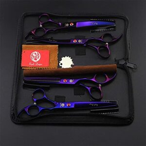 Purple Dragon Professional 7.0 inch 4PCS Pet Grooming Scissors Kit Japan Premium Steel Straight & Curved & Thinning Blade Dog Hair Cutting Shears Set with Case