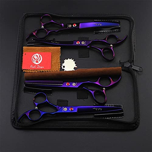 Purple Dragon Professional 7.0 inch 4PCS Pet Grooming Scissors Kit Japan Premium Steel Straight & Curved & Thinning Blade Dog Hair Cutting Shears Set with Case