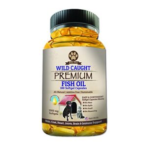 omega 3 wild caught fish oil for dogs epa dha, higher in omega 3 fatty acids then salmon oil, pure no gmo, all natural food supplement for pet, 180 softgels, 1000mg per capsule, no mess no smell!