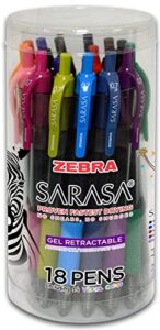 zebra pen sarasa dry x20 retractable gel pen, medium point, 0.7mm, assorted fashion color ink, 18-pack (packaging may vary)