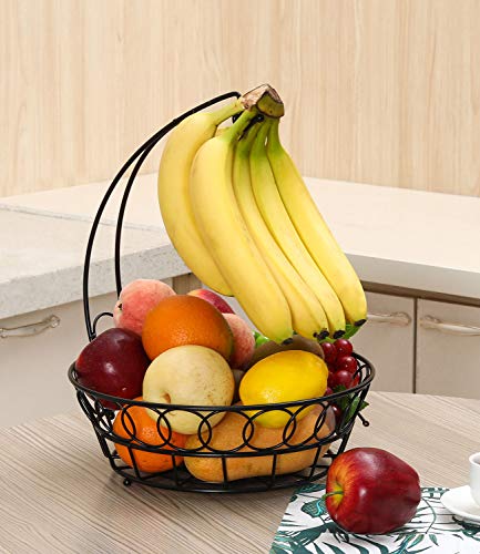 TQVAI Wire Fruit Basket Bowl with Banana Hook Hanger, Black