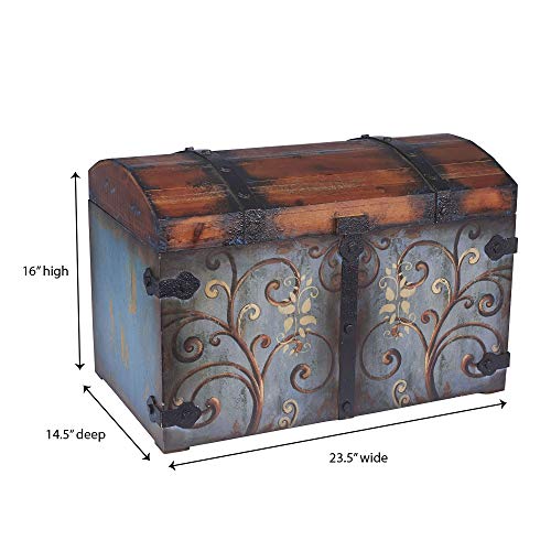 Household Essentials Vintage Wood Storage Trunk, Large, Blue Body/Brown Lid/Floral Design