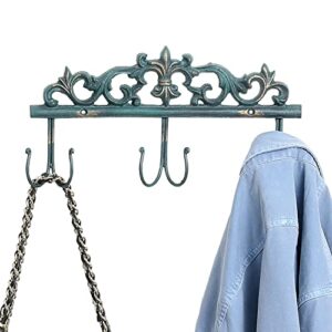 mygift wall mounted rustic turquoise metal coat rack, decorative vintage style entryway storage hooks for hats, coats, keys