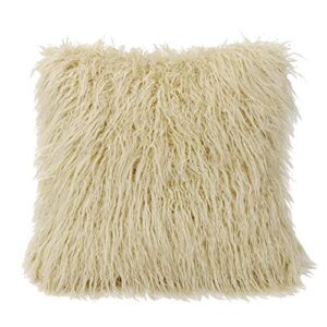 hiend accents mongolian sheep lamb faux fur fluffy throw pillow, 18x18 inch, cream solid color, soft cozy fuzzy luxury decorative accent pillow, modern rustic style