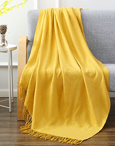 Solid Soft Yellow Throw Blanket with Fringe Tassel - 50" x 60", Light Yellow Throw Blanket, Mustard Yellow Throw for Couch and Bed, Autumn & Fall Patio Throw Blanket, Perfect for Outdoor and Indoor