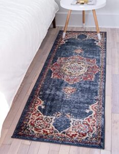 unique loom utopia collection traditional classic vintage inspired area rug with warm hues, 2' x 6' 1" runner, dark blue/beige
