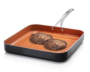 gotham steel grill pan – 10.5” square aluminum grill pan with nonstick surface, sear ridges and stainless steel handle, dishwasher and oven safe