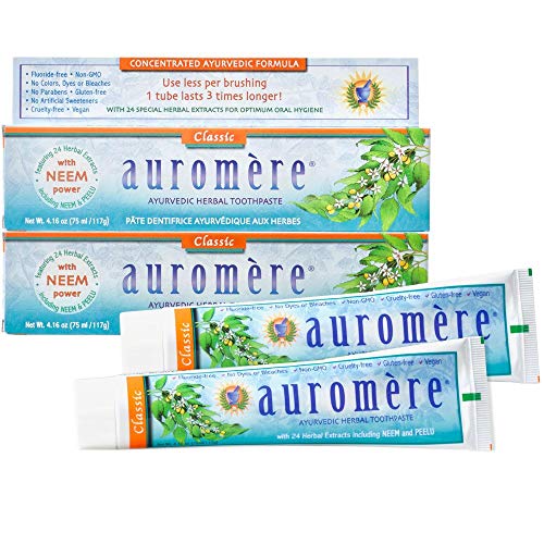 Auromere Ayurvedic Herbal Toothpaste, Classic Licorice Flavour - Vegan, Natural, Non GMO, Fluoride Free, Gluten Free, with Neem & Peelu (4.16 oz), 2 Pack