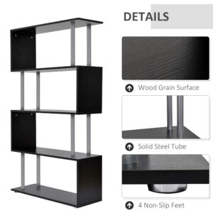 HOMCOM Modern S-Shaped 5 Tier Room Dividing Bookcase Wooden Storage Display Stand Shelf - Black