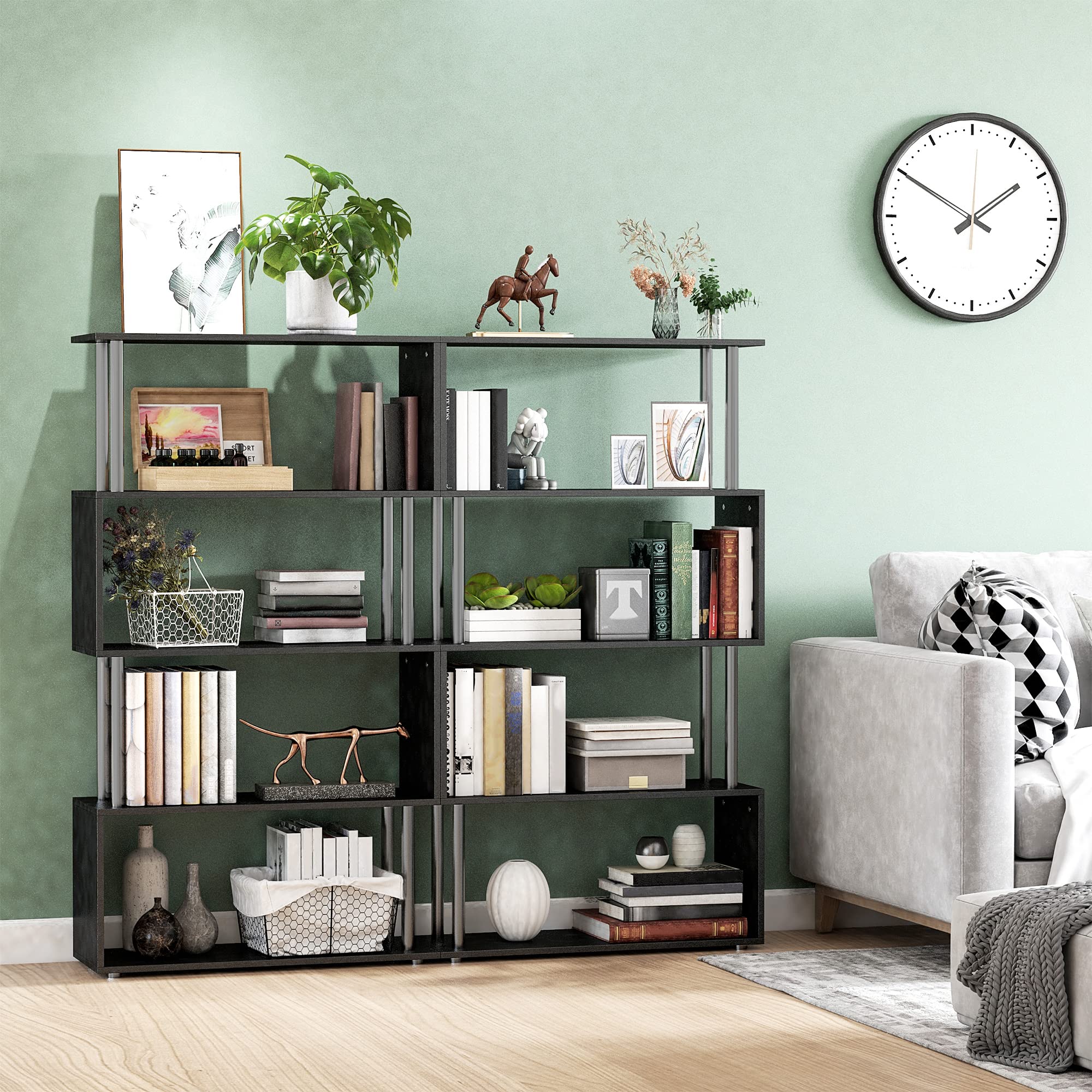 HOMCOM Modern S-Shaped 5 Tier Room Dividing Bookcase Wooden Storage Display Stand Shelf - Black