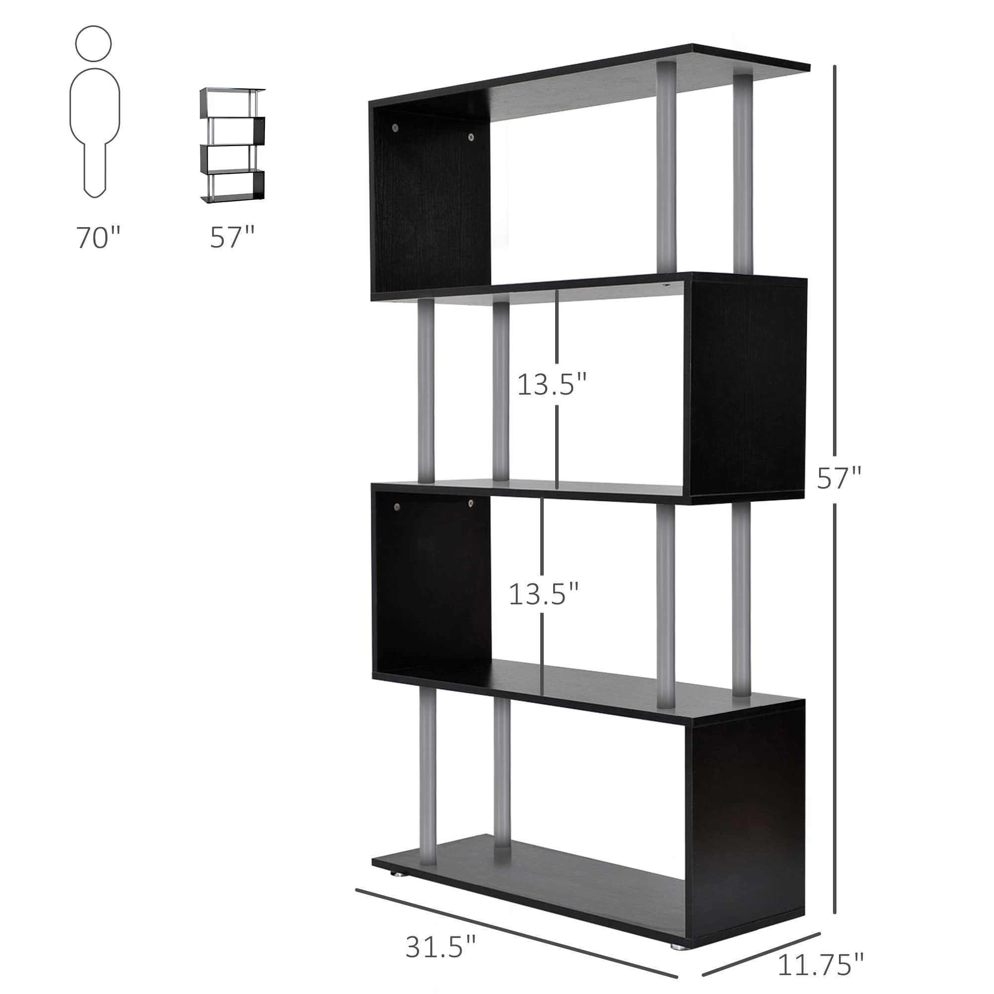 HOMCOM Modern S-Shaped 5 Tier Room Dividing Bookcase Wooden Storage Display Stand Shelf - Black