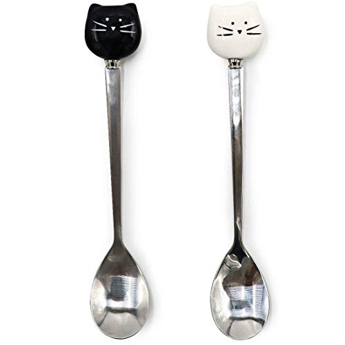 Asmwo Little Cute Ceramic Stainless Steel Cat Spoon Set Black and White Color for Cat Mug Demitasse for Stirring Tea Coffee Espresso Sugar Dessert Funny Spoons,5.7-Inch Pack of 2 Valentine's Day Gifts