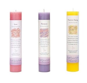 crystal journey attract love reiki charged herbal magic pillar candle with inspirational labels - bundle of 3(love, harmony, positive energy) each 7"x1.5"