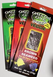 omega one super veggie seaweed for all algae grazers.8 oz, 23 g, 24 sheets, variety (green, red and brown one each) 3 pack
