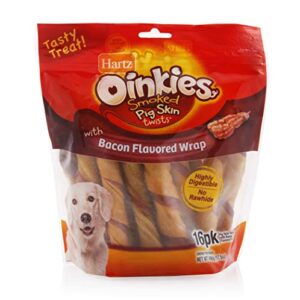 hartz oinkies natural smoked pig skin twist bacon wrapped dog treat chews - 16 pack - 3270015485