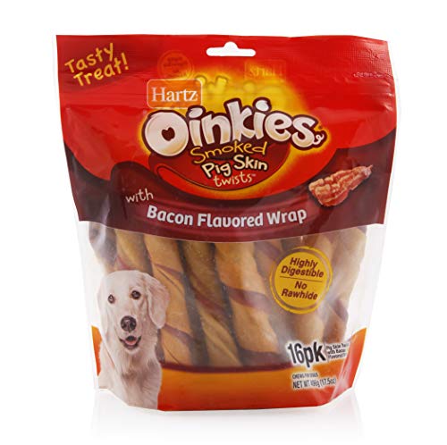 Hartz Oinkies Natural Smoked Pig Skin Twist Bacon Wrapped Dog Treat Chews - 16 Pack - 3270015485