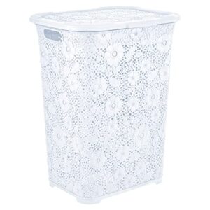 superio laundry hamper with lid white, 50 liter large lace hamper basket, dirty cloths storage with cutout handles, for landry room, bedroom, and bathroom