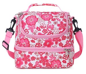 mier 2 compartment kids small lunch box bag for boys girls toddlers, adult leakproof cooler insulated lunch tote with shoulder strap (pink flower)