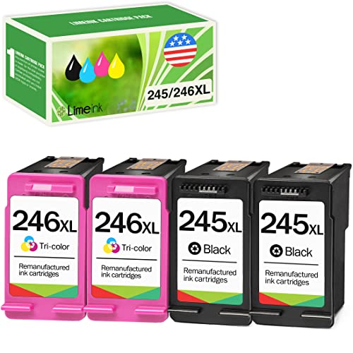 Limeink 4 Pack Remanufactured PG-245XL CL-246XL High Yield Ink Cartridges (2 Black, 2 Color) for Pixma iP2820 MG2420 MG2520 MG2920 MG2922 MG2924 MX492 Shows Accurate Ink Level