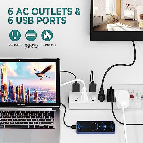 HITRENDS Surge Protector Power Strip 6 Outlets with 6 USB Charging Ports, USB Extension Cord, 1625W/13A Multiplug for Multiple Devices Smartphone Tablet Laptop Computer (6ft, white)