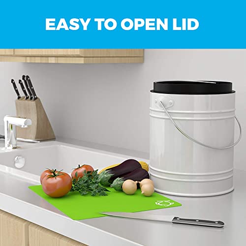 Cooler Kitchen 1.3 Gallon White Countertop Compost Bin - Kitchen Compost bin with EZ-No Lock Lid, Plastic Liner & Charcoal Filters - Sturdy Construction & Odor-Free Seal Dishwasher Safe