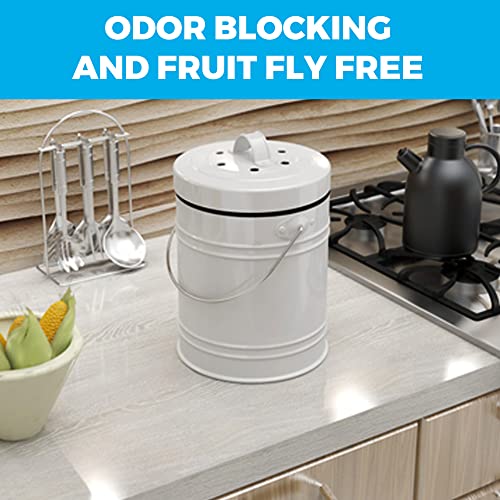 Cooler Kitchen 1.3 Gallon White Countertop Compost Bin - Kitchen Compost bin with EZ-No Lock Lid, Plastic Liner & Charcoal Filters - Sturdy Construction & Odor-Free Seal Dishwasher Safe