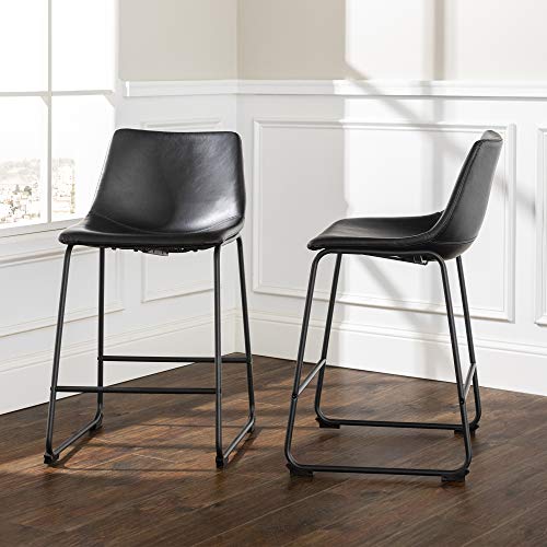 Walker Edison Douglas Urban Industrial Faux Leather Armless Counter Chairs, Set of 2, Black