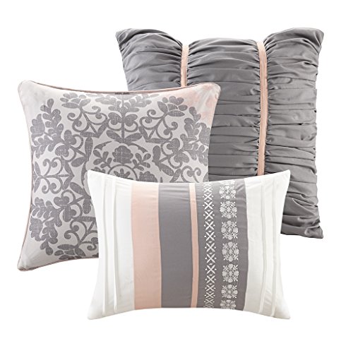 Home Essence Springfield Cozy Pink and Grey Comforter Set Floral Medallion Print - All Season Down Alternative Bedding Layer with Matching Bedskirt, Shams, Decorative Pillow, Queen, Coral 7 Piece