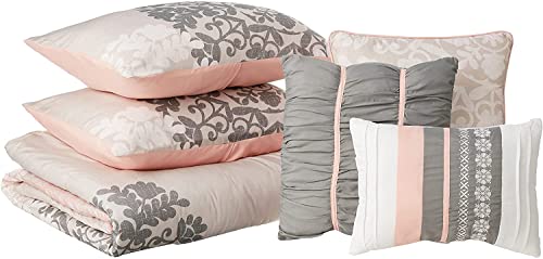 Home Essence Springfield Cozy Pink and Grey Comforter Set Floral Medallion Print - All Season Down Alternative Bedding Layer with Matching Bedskirt, Shams, Decorative Pillow, Queen, Coral 7 Piece