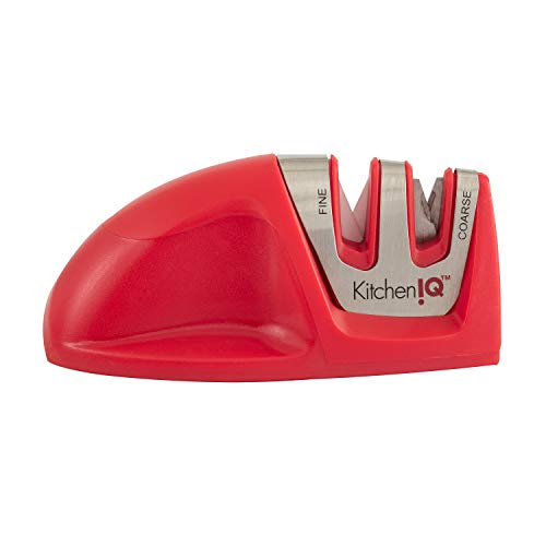 KitchenIQ 50883 Edge Grip 2-Stage Knife Sharpener, Red, Coarse & Fine Sharpeners, Compact for Easy Storage, Stable Non-Slip Base, Soft Grip Rubber Handle, Straight & Serrated Knives