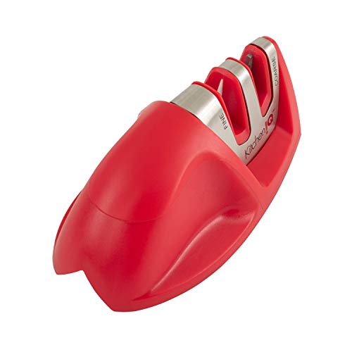 KitchenIQ 50883 Edge Grip 2-Stage Knife Sharpener, Red, Coarse & Fine Sharpeners, Compact for Easy Storage, Stable Non-Slip Base, Soft Grip Rubber Handle, Straight & Serrated Knives