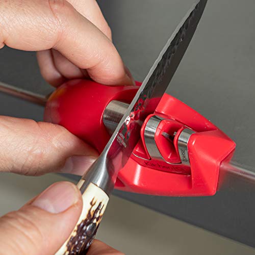 KitchenIQ 50883 Edge Grip 2-Stage Knife Sharpener, Red, Coarse & Fine Sharpeners, Compact for Easy Storage, Stable Non-Slip Base, Soft Grip Rubber Handle, Straight & Serrated Knives