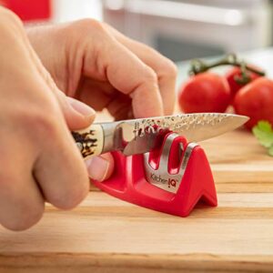 KitchenIQ 50883 Edge Grip 2-Stage Knife Sharpener, Red, Coarse & Fine Sharpeners, Compact for Easy Storage, Stable Non-Slip Base, Soft Grip Rubber Handle, Straight & Serrated Knives