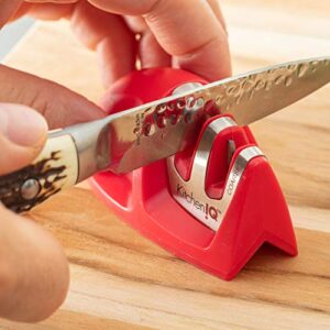 KitchenIQ 50883 Edge Grip 2-Stage Knife Sharpener, Red, Coarse & Fine Sharpeners, Compact for Easy Storage, Stable Non-Slip Base, Soft Grip Rubber Handle, Straight & Serrated Knives