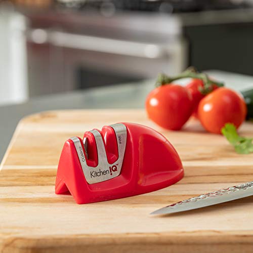 KitchenIQ 50883 Edge Grip 2-Stage Knife Sharpener, Red, Coarse & Fine Sharpeners, Compact for Easy Storage, Stable Non-Slip Base, Soft Grip Rubber Handle, Straight & Serrated Knives