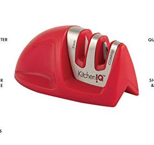 KitchenIQ 50883 Edge Grip 2-Stage Knife Sharpener, Red, Coarse & Fine Sharpeners, Compact for Easy Storage, Stable Non-Slip Base, Soft Grip Rubber Handle, Straight & Serrated Knives