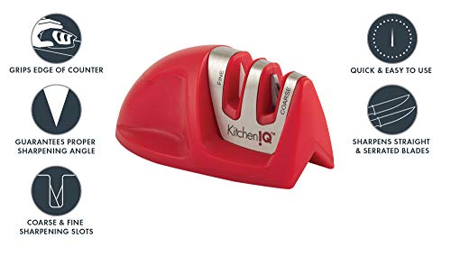 KitchenIQ 50883 Edge Grip 2-Stage Knife Sharpener, Red, Coarse & Fine Sharpeners, Compact for Easy Storage, Stable Non-Slip Base, Soft Grip Rubber Handle, Straight & Serrated Knives