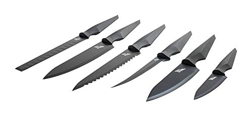 Edge of Belgravia Precision Extended Kitchen Knives 6 Piece Set Non-Stick Stainless Steel Blades (Black)…