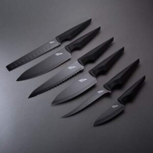 Edge of Belgravia Precision Extended Kitchen Knives 6 Piece Set Non-Stick Stainless Steel Blades (Black)…