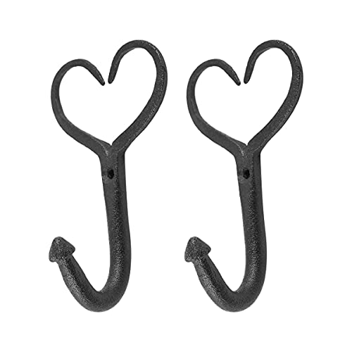 Renovators Supply Black Heart Style Coat and Robe Hooks 4 Inches Long Wrought Iron Powder Coat Finish Key and Towel Wall Mount Metal Hanger Hook Decor Including Complete Mounting Hardware Pack of 2