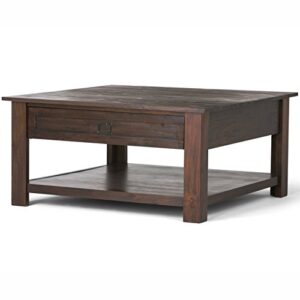 simplihome monroe solid acacia wood 38 inch wide square rustic coffee table in distressed charcoal brown, for the living room and family room