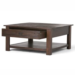 SIMPLIHOME Monroe SOLID ACACIA WOOD 38 inch Wide Square Rustic Coffee Table in Distressed Charcoal Brown, for the Living Room and Family Room