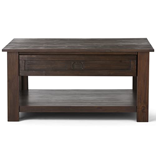 SIMPLIHOME Monroe SOLID ACACIA WOOD 38 inch Wide Square Rustic Coffee Table in Distressed Charcoal Brown, for the Living Room and Family Room