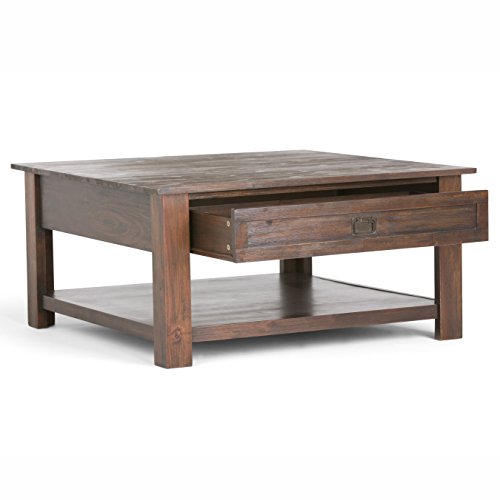 SIMPLIHOME Monroe SOLID ACACIA WOOD 38 inch Wide Square Rustic Coffee Table in Distressed Charcoal Brown, for the Living Room and Family Room