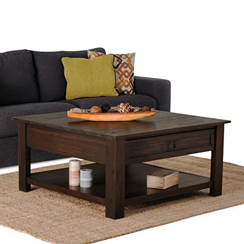 SIMPLIHOME Monroe SOLID ACACIA WOOD 38 inch Wide Square Rustic Coffee Table in Distressed Charcoal Brown, for the Living Room and Family Room